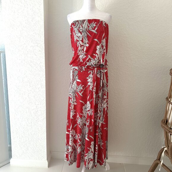 Veronica M Red & White Floral Bandeau Maxi Dress - Picture 1 of 5